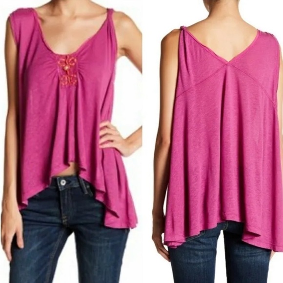 Free People Tops - Free People Small New Vibes Tank Top Pink Beaded High Low Flowy Linen